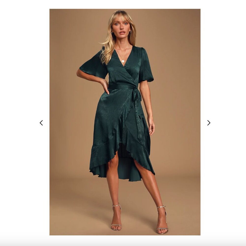 Lulus Dark Green Satin Faux-Wrap Midi Dress Size M